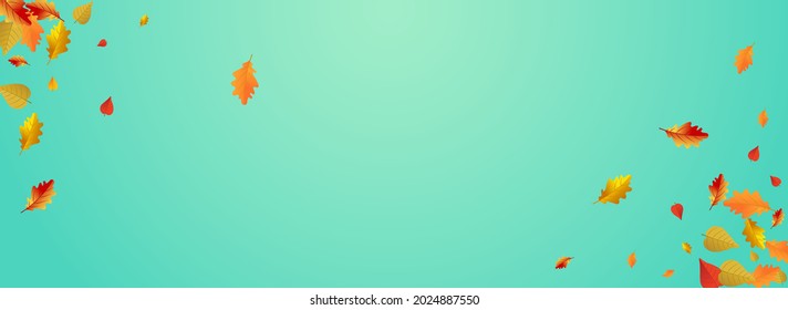 Yellow Foliage Vector Blue Panoramic Background. Paper Leaf Illustration. Autumnal Flying Plant Design. Realistic Texture.
