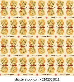 Yellow folk butterfly on a white. seamless pattern
