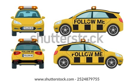 Yellow 'Follow Me Car' Vector Illustration - Front, Side, Rear, and Back Views for Airport Services, Print, Website, and Logo Design