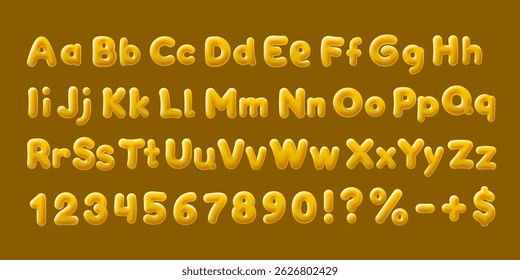 Yellow font, brush candy. English alphabet and numbers sign. Vector illustration