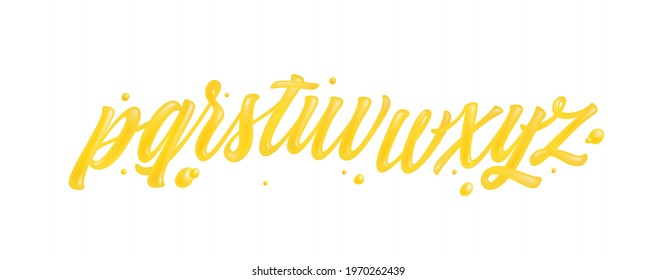 Yellow font isolated on white background. Gold ABC set with letters q, r, s, t, u, v, w, x, y, z. English alphabet made of honey, liquid, and glossy. 