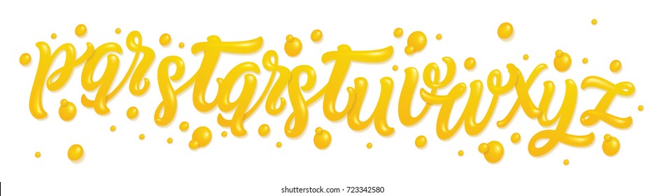 Yellow font isolated on white background. Gold abc set with letters q, r, s, t, u, v, w, x, y, z. English alphabet made of honey, liquid and glossy. 