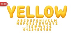 Yellow Font Realistic 3d Design. Complete Alphabet And Numbers From 0 To 9. Collection Glossy Letters In Cartoon Style. Fonts Voluminous Inflated From Balloon. Vector Illustration