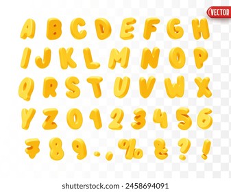 Yellow Font realistic 3d design. Complete alphabet and numbers from 0 to 9. Collection of large letters in cartoon style. Fonts are voluminous with different slants. Vector illustration