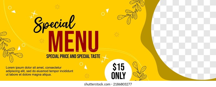 Yellow Food Banner. Social Media Cover Design. Memphis Background