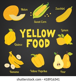 Yellow food collection on dark background. Fruits and vegetables. Melon, sweet corn, zucchini, quince, lemon, banana, yellow paprika, pear. Perfect as icons, package design. Vector illustration