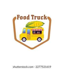 Yellow food truck with huge corn on roof flat style, vector illustration isolated on white background. Van with drinks, street food, brown frame. Design element, snack, food and drinks to go