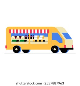 Yellow Food Truck With Sushi And Beverage Display In Flat Vector Illustration Symbolizing Mobile Cuisine, Street Food, And Urban Dining, Isolated On White Background