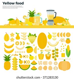 Yellow food vector flat illustrations. Yellow vegetables, fruits and blender on the table. Full of vitamins healthy eating concept. Yellow fruits and vegetables isolated on white background
