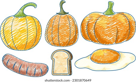 Yellow Foods in Pencil Colour Sketch Simple Style illustration