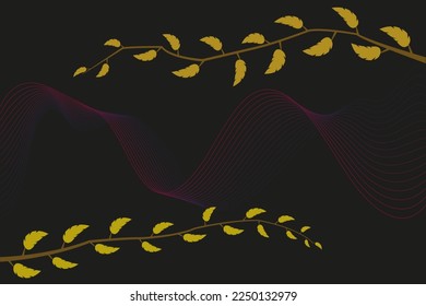 Yellow forest leaves and branches on dark, black background. Hand painted Floral illustration. Vector autumn greenery branches background. Vector illustration