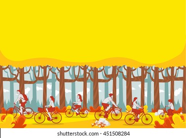 Yellow forest with people riding bicycles
