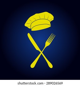 Yellow fork and knife - illustration with cook hats on a blue background
