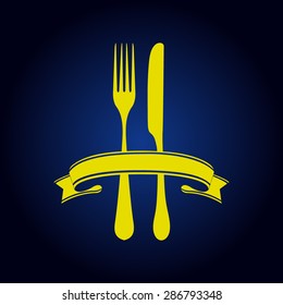 Yellow fork and knife - illustration on a blue background
