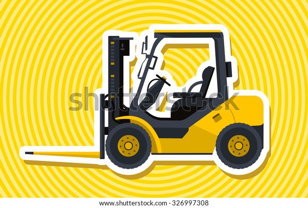 Yellow fork lift loader. Nice isolated vector.\
Carry of sand, coal, waste rock and gravel. Golden illustration for\
internet banner poster or icon. Truck Digger Crane Small Bagger Mix\
Roller Extravator