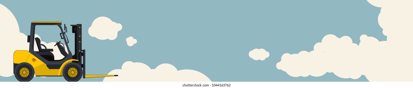 Yellow fork lift loader, sky with clouds in background. Horizontal banner layout, small excavator, crane. Vintage color stylization. Construction machinery vehicle, ground works. Vector illustration.