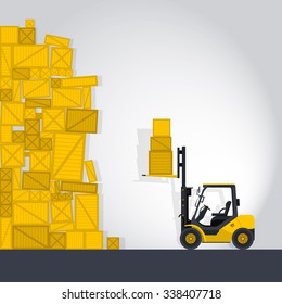 Yellow fork lift loader works in store nice lift loads crate box in warehouse flatten isolated illustration master vector