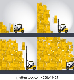 Yellow fork lift loader works in store nice lift loads crate box in warehouse storage comics strip flatten isolated illustration master vector