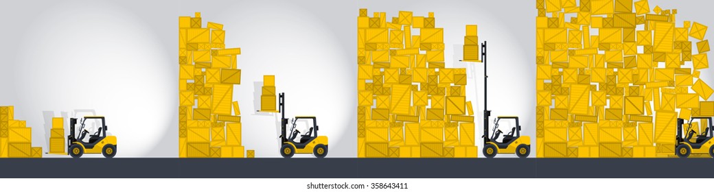 Yellow fork lift loader works in store nice lift loads crate box in warehouse storage comics strip flatten isolated illustration master vector