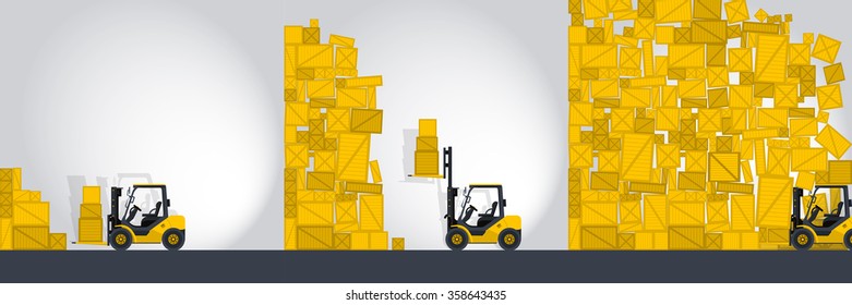 Yellow fork lift loader works in store nice lift loads crate box in warehouse storage comics strip flatten isolated illustration master vector