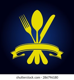 Yellow fork spoon knife on a blue background