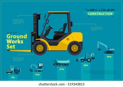 Yellow forklift. Blue infographic big set of ground works blue machines vehicles. Catalog page. Heavy construction equipment for building truck digger crane bagger mix. Transportation master vector.