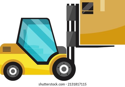 Yellow forklift lifting cardboard box. Storage truck