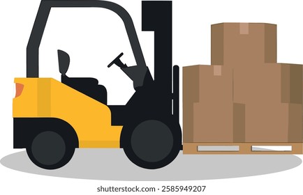 A yellow forklift is lifting a pallet stacked with cardboard boxes in a warehouse. This industrial vehicle is essential for logistics, transportation, and material handling, ensuring efficient and saf
