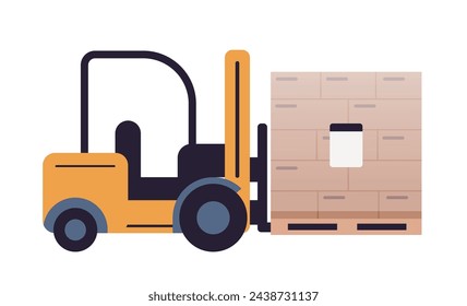 Yellow forklift with pallet boxes on isolated background. Simple cargo flat vector illustration