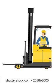 Yellow forklift (reach truck) on a white background. Vector 