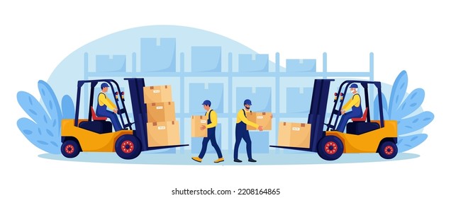 Yellow forklift truck with driver, electric uploader. Industrial logistics, delivery service. Storage equipment. Warehouse workers loading, stacking goods with electric lifters. Merchandising business