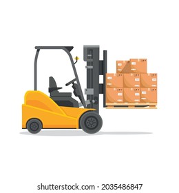 Yellow forklift truck with driver isolated on white background. electric uploader. Delivery, logistic and shipping cargo. Warehouse and storage equipment. Flat vector illustration