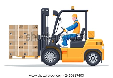 Yellow forklift truck with driver isolated on white background. Empty electric uploader. Delivery, logistic and shipping cargo. Warehouse and storage equipment. Flat vector illustration