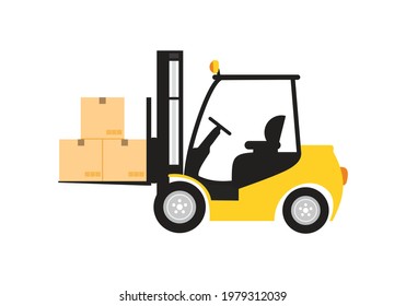 Yellow forklift truck isolated on white background. The forklift unloads pallets with boxes. Cargo delivery, logistics and delivery. Warehouse and storage equipment. illustration in flat style. vector