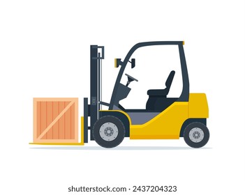 Yellow forklift truck isolated on white background. Forklift unloads boxes. Delivery, logistic and shipping cargo. Warehouse and storage equipment. Vector illustration in flat style