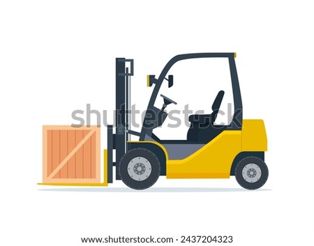 Yellow forklift truck isolated on white background. Forklift unloads boxes. Delivery, logistic and shipping cargo. Warehouse and storage equipment. Vector illustration in flat style