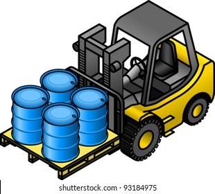 A yellow forklift truck with a palette of blue steel drums.