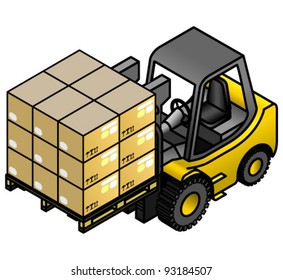 A yellow forklift truck with a palette of cartons.