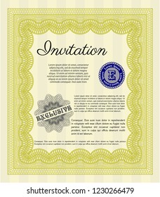 Yellow Formal invitation. With background. Detailed. Cordial design. 