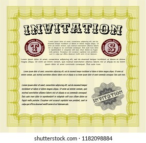 Yellow Formal invitation. With complex linear background. Detailed. Money Pattern design. 