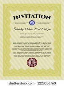 Yellow Formal invitation. With complex linear background. Lovely design. Vector illustration. 