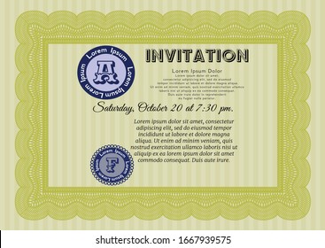 Yellow Formal invitation. Cordial design. Customizable, Easy to edit and change colors. With guilloche pattern and background. 