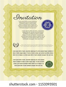 Yellow Formal invitation. Detailed. With guilloche pattern and background. Money style design. 