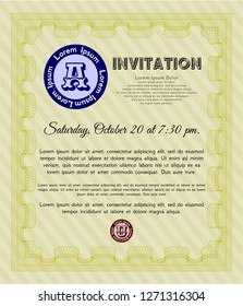 Yellow Formal invitation. Detailed. With guilloche pattern and background. Elegant design. 