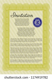 Yellow Formal invitation. With great quality guilloche pattern. Detailed. Cordial design. 