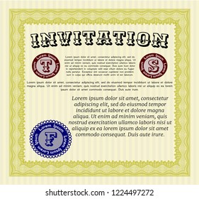 Yellow Formal invitation. With great quality guilloche pattern. Customizable, Easy to edit and change colors. Money style design. 