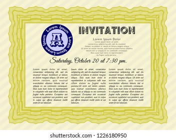 Yellow Formal invitation. With great quality guilloche pattern. Elegant design. Customizable, Easy to edit and change colors. 