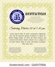 Yellow Formal invitation. With guilloche pattern. Nice design. Vector illustration. 