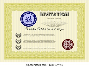 Yellow Formal invitation. With guilloche pattern. Vector illustration. Elegant design. 