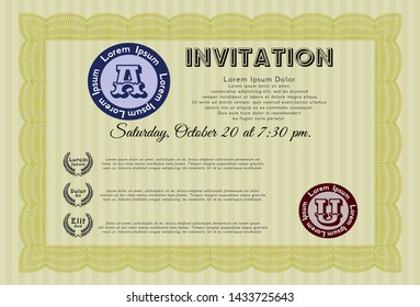 Yellow Formal invitation. With guilloche pattern and background. Detailed. Retro design. 